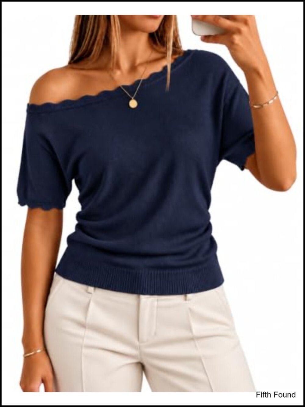Off The Shoulder Knit Sweater Top Scalloped Trim Ruched Side